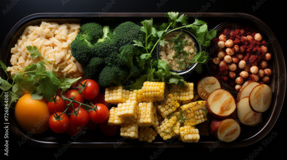 Healthy food from different components laid out in cells in a lunch box, top view. Healthy food from different components laid out in cells in a lunch box, top view.