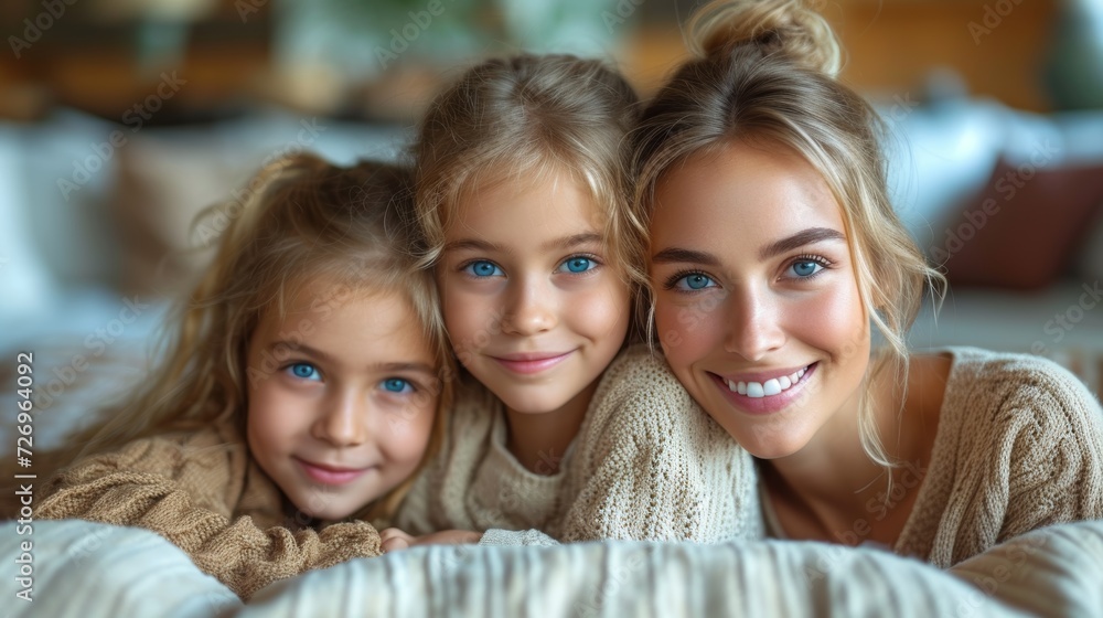 Portrait of beautiful mother and her two little daughters looking at camera - Generative AI Portrait of beautiful mother and her two little daughters looking at camera - Generative AI