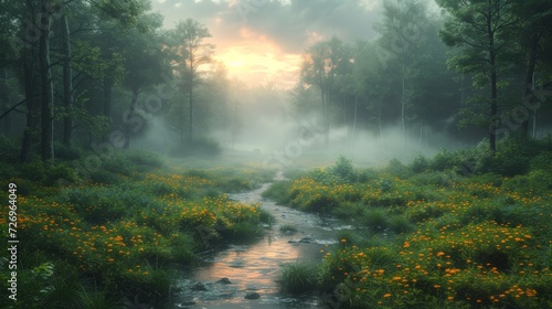 Sunrise over the river in the misty forest. 3d rendering - Generative AI