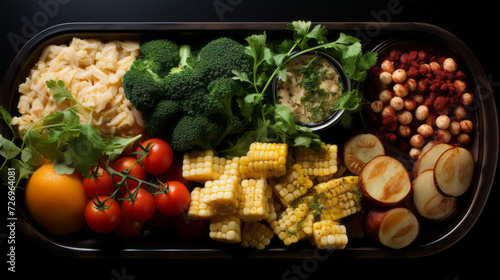 Healthy food from different components laid out in cells in a lunch box, top view.