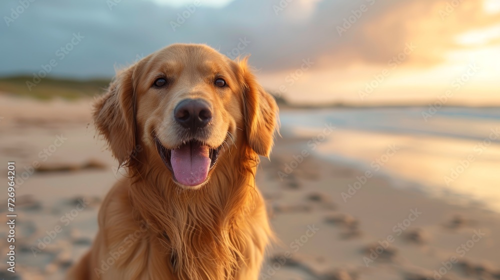 Golden Retriever dog at sunset on the beach in summer. - Generative AI