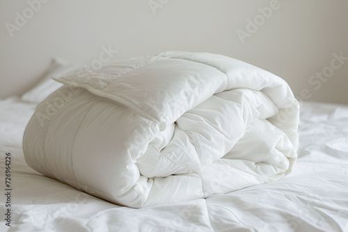 White folded duvet lying on white bed background	
