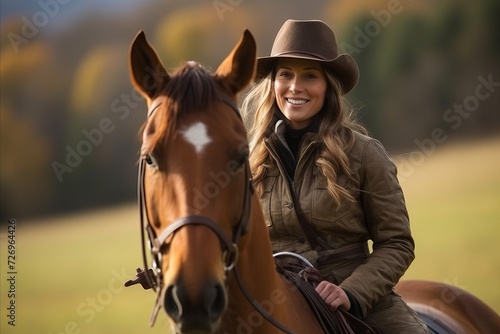 Beautiful young woman riding a horse in the autumnal meadow © Nerea