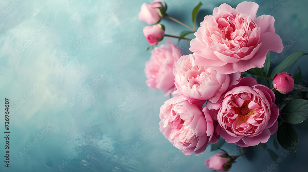 Fresh bunch of pink peonies and roses with copy space. generative ai