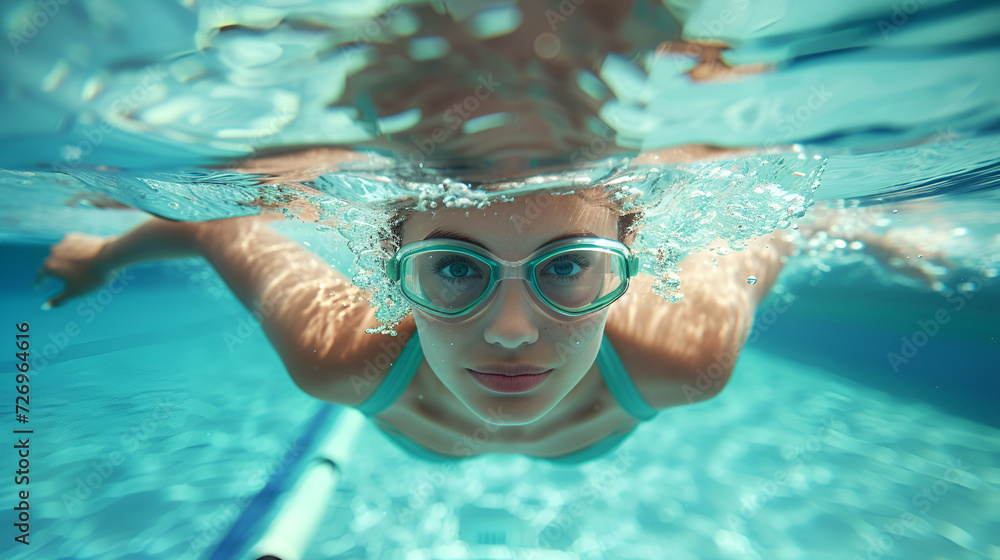 Female swimmer at the swimming pool Underwater photo, generative ai