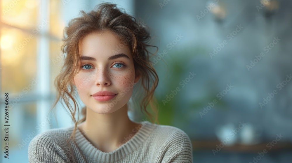 Portrait of a beautiful young woman with blue eyes and natural makeup - Generative AI