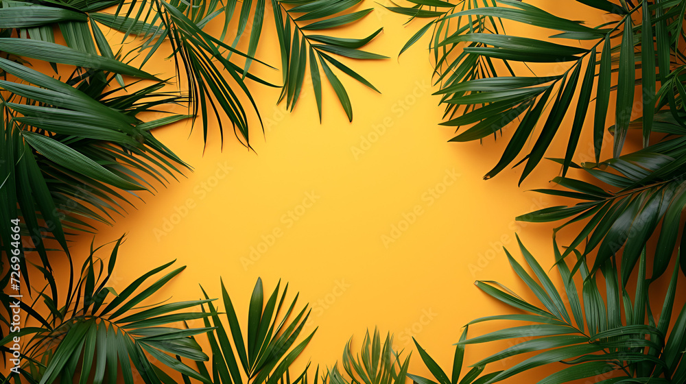 green palm branches over a yellow background, flat lay of green palm branches over a yellow background top view copy space, Summer vacation, travel Generative Ai 
