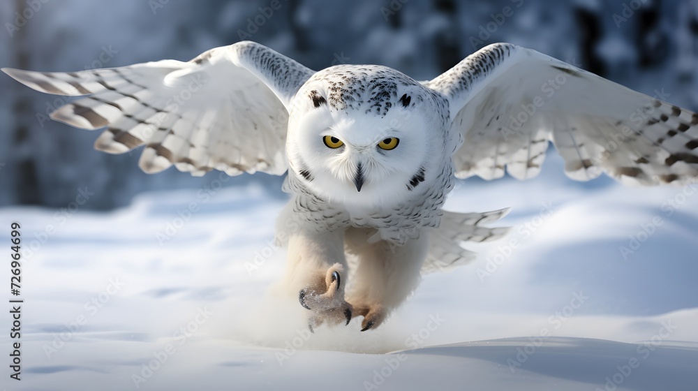 Fototapeta premium Close-up view of flying white Snow Owl in snow in wild in Winter.