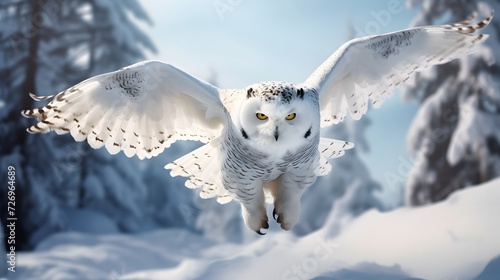 Close-up view of flying white Snow Owl in snow in wild in Winter.
