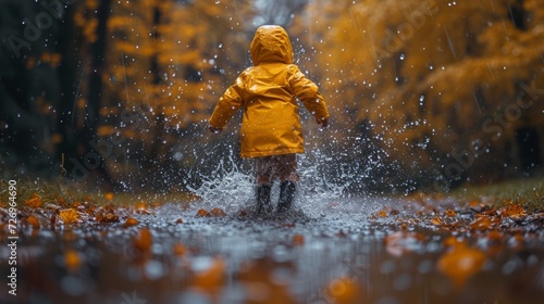 Little girl in a yellow raincoat walks through the autumn forest. - Generative AI