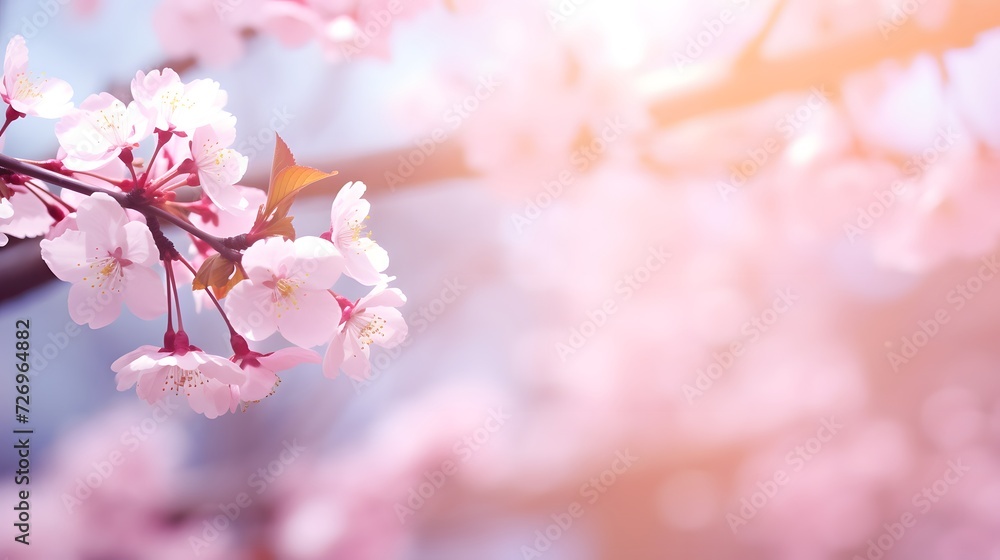 closeup of a beautiful flowering cherry tree branch on abstract blurred background in sunhine idyll.