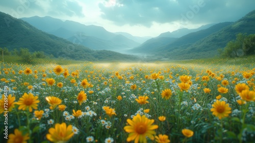Meadow with yellow flowers and mountains in the background. Spring landscape - Generative AI