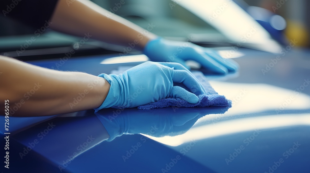 Hand with microfiber cloth cleaning car, detailing and dry cleaning service.