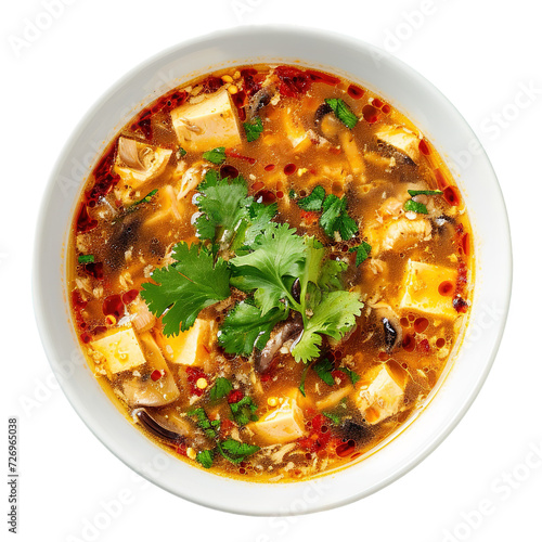 Hot and Sour Soup, Chinese cuisine, isolated on white transparent background, top view, ultra realistic food photography