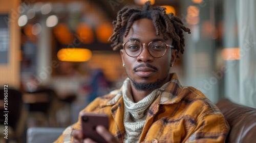 Portrait of young african american man using mobile phone in cafe - Generative AI