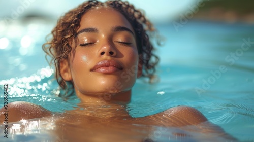 Beautiful young african american woman relaxing in swimming pool. - Generative AI