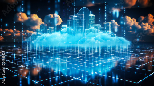 Digital Illustration of Cloud Computing Network with Glowing Blue Clouds and Data Streams on a Futuristic Grid Background, Concept of Virtual Data Center