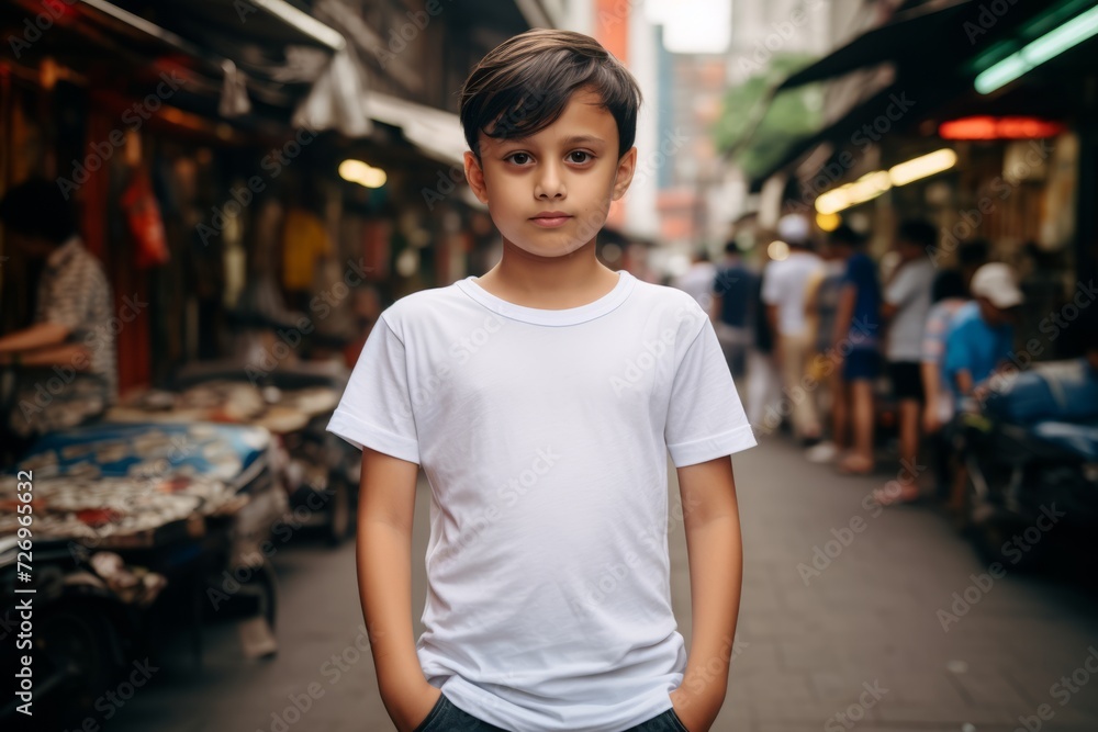 A boy in a white T-shirt walks through the streets of Istanbul.