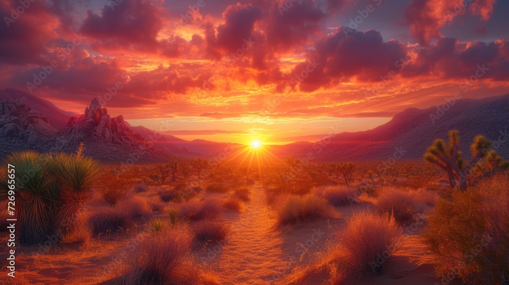 Beautiful sunset in the desert. 3d rendering. Computer digital drawing. - Generative AI