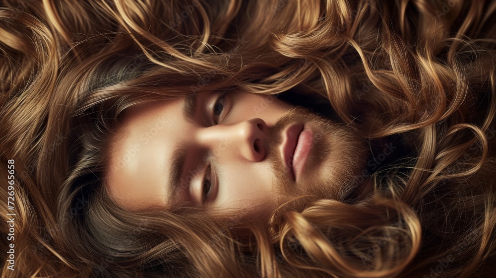 A man with long hair flying in the wind in fashion editorial style. Men's modern hairstyle A man with long hair flying in the wind in fashion editorial style. Men's modern hairstyle