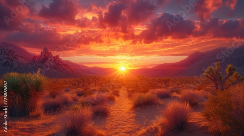 Beautiful sunset in the desert. 3d rendering. Computer digital drawing. - Generative AI © AlexandraRooss