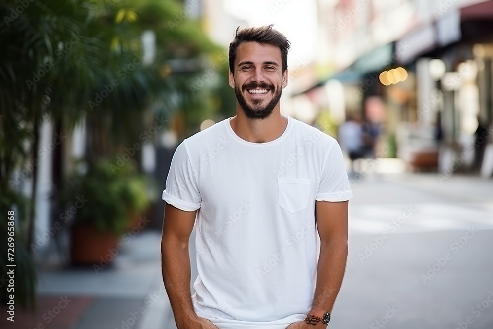 Portrait of a handsome young man standing in the street smiling at the camera