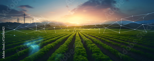 Digital farming , digital architecture , Digital network , 5G impact ai in agriculture ,smart farming development , wide format blue lines , network connection 