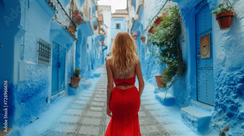 Young woman with red dress visiting the blue city Chefchaouen, Marocco © DB Media