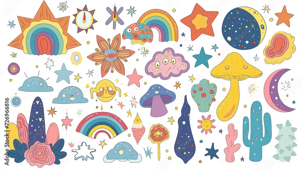 Fototapeta premium Set of funky groovy element vector. Collection of cartoon characters, cute doodle drawn.sparkle. Retro hippie design for decorative, sticker, toys and kids