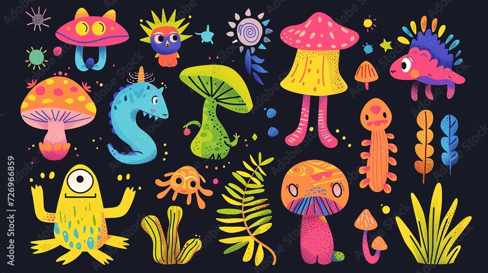 Set of funky groovy element vector. Collection of cartoon characters, cute doodle drawn.sparkle. Retro hippie design for decorative, sticker, toys and kids Set of funky groovy element vector. Collection of cartoon characters, cute doodle drawn.sparkle. Retro hippie design for decorative, sticker, toys and kids
