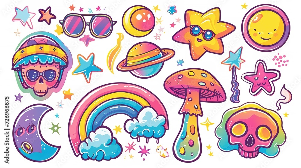 Set of funky groovy element vector. Collection of cartoon characters, cute doodle drawn.sparkle. Retro hippie design for decorative, sticker, toys and kids