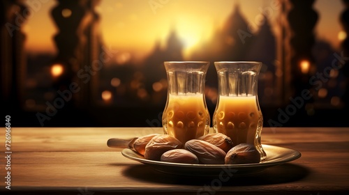 Ramadhan fasting  ajwa dates in a golden container on a wooden table  milk in a glass  mosque background with dome