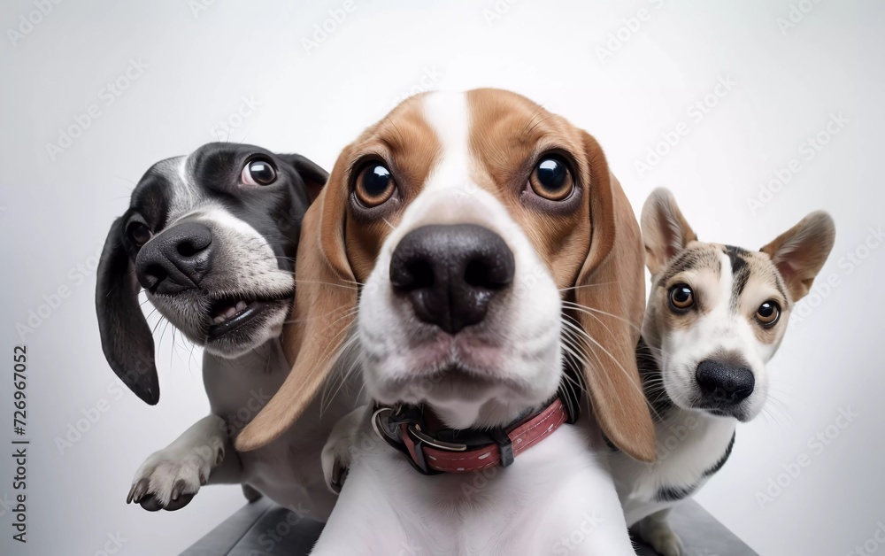 realistic photo of cute beagle dog looking at camera while taking selfie with another beagle dog and a pug in studio photo. generative ai