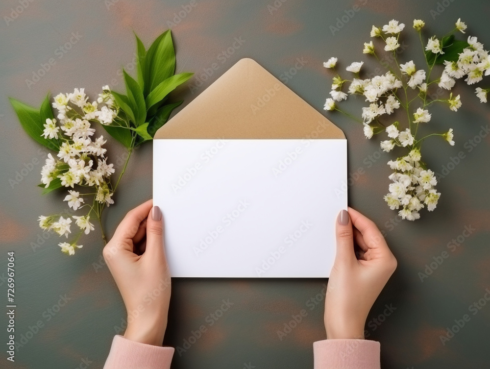 Women's hands holding an envelope with greeting, notice, message mockup free space template on a neutral background decorated with flowers. Women's hands holding an envelope with greeting, notice, message mockup free space template on a neutral background decorated with flowers.