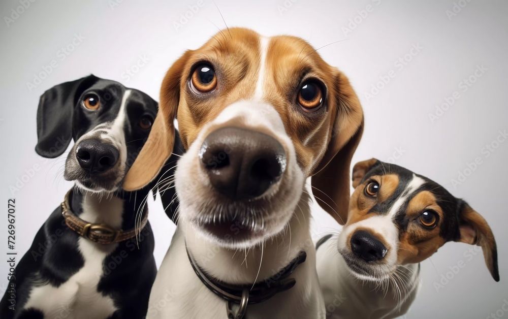 realistic photo of cute beagle dog looking at camera while taking selfie with another beagle dog and a pug in studio photo. generative ai