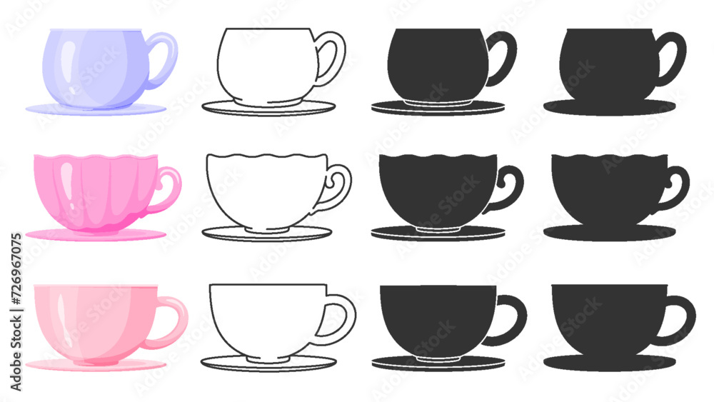 Porcelain coffee tea cup mug glass on saucer colorful black line silhouette stamp flat set. Editable line stroke print shape shell drinkware party breakfast kitchen collection container icon isolated Porcelain coffee tea cup mug glass on saucer colorful black line silhouette stamp flat set. Editable line stroke print shape shell drinkware party breakfast kitchen collection container icon isolated