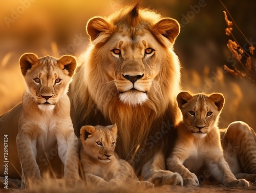 Lions family with cubs lying down in a grassy field in the jungle