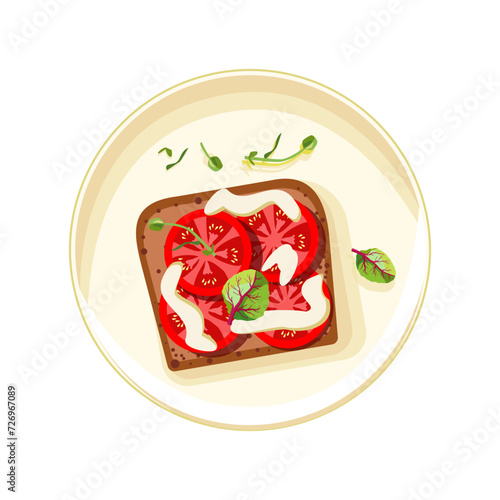 Appetizing crouton with pieces of tomato and mayonnaise on a porcelain plate. Lettuce leaves on toast. Healthy food for dinner. Self care. Vector illustration