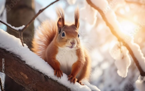 realistic photo of cute red squirrel with big fluffy tail sitting high on tree branch on sunny winter day. generative ai © KBL Sungkid