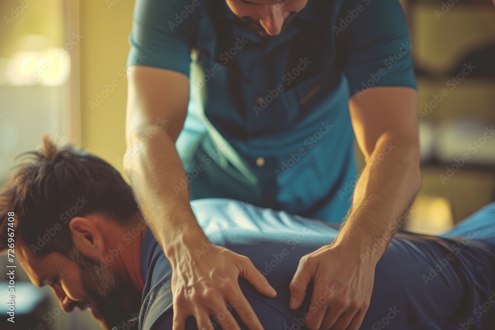 Title: Physical Therapist Administering Back Treatment to Patient. generative AI Title: Physical Therapist Administering Back Treatment to Patient. generative AI