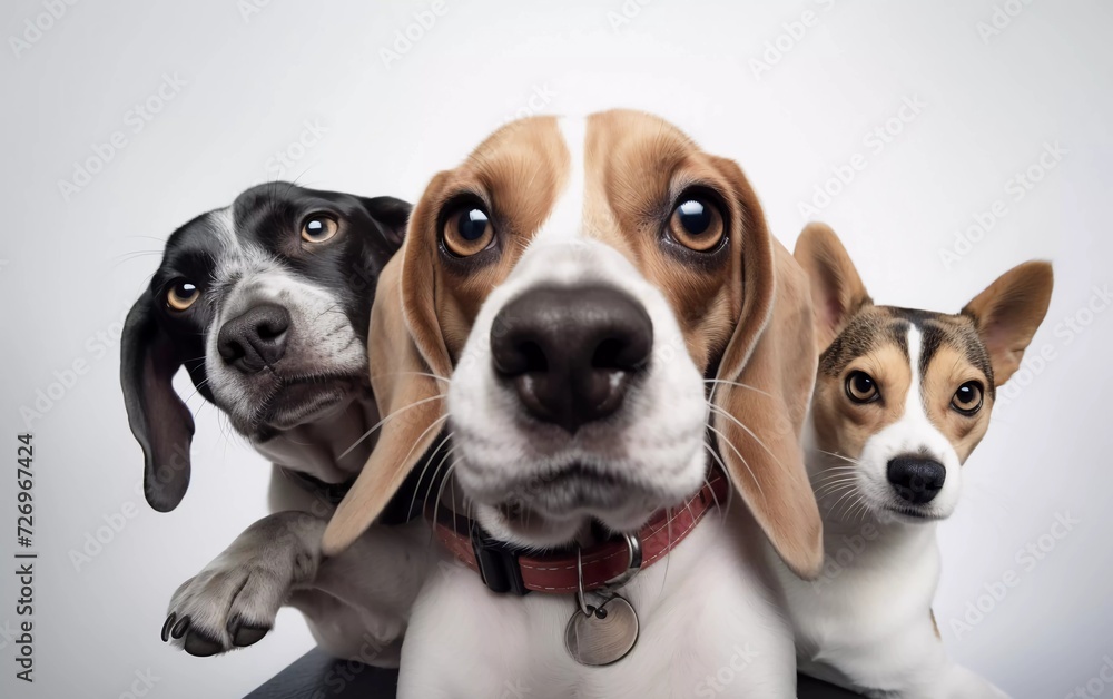 realistic photo of cute beagle dog looking at camera while taking selfie with another beagle dog and a pug in studio photo. generative ai realistic photo of cute beagle dog looking at camera while taking selfie with another beagle dog and a pug in studio photo. generative ai