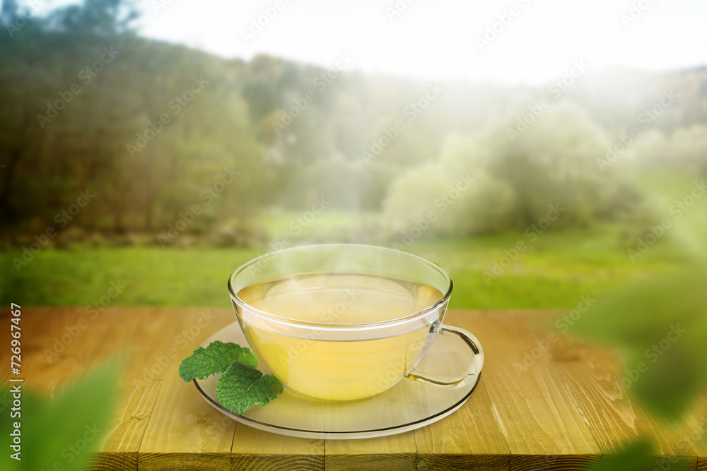 Aromatic green tea in glass cup and mint on wooden table outdoors