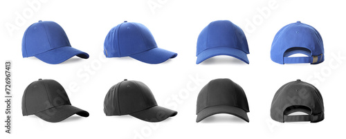 Stylish baseball caps isolated on white, set with back, front and side views