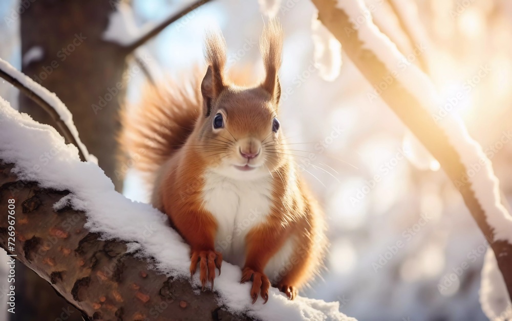 realistic photo of cute red squirrel with big fluffy tail sitting high on tree branch on sunny winter day. generative ai realistic photo of cute red squirrel with big fluffy tail sitting high on tree branch on sunny winter day. generative ai
