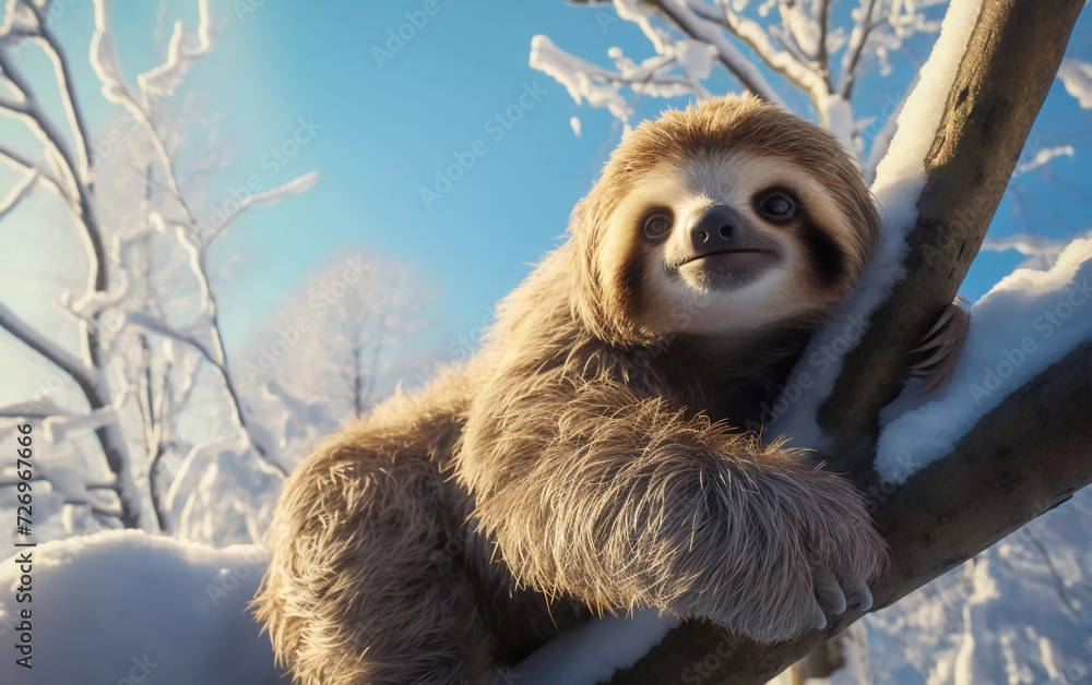 Realistic photo of cute sloth sitting high on a tree branch on a sunny winter day. generative ai Realistic photo of cute sloth sitting high on a tree branch on a sunny winter day. generative ai