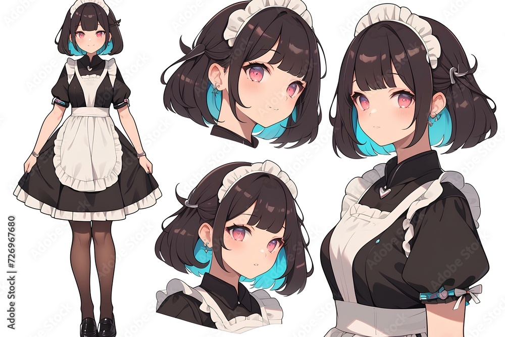A cute, cheerful young woman with outstanding features, black hair, big red eyes, maid cafe style, Japanese anime or manga style character design, white background. generative AI A cute, cheerful young woman with outstanding features, black hair, big red eyes, maid cafe style, Japanese anime or manga style character design, white background. generative AI