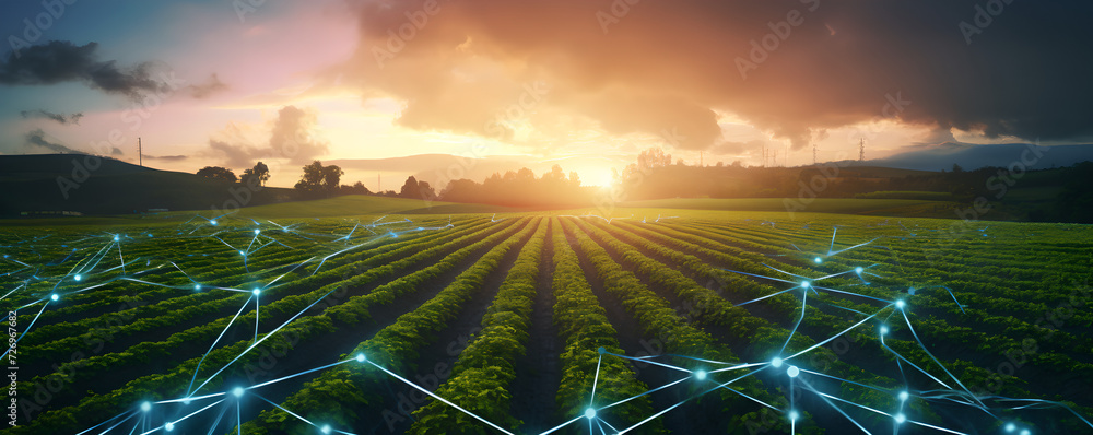 Digital farming , digital architecture , Digital network , 5G impact ai in agriculture ,smart farming development , wide format 
 , sunrise in the field blue lines , network connection 
 - obrazy, fototapety, plakaty 