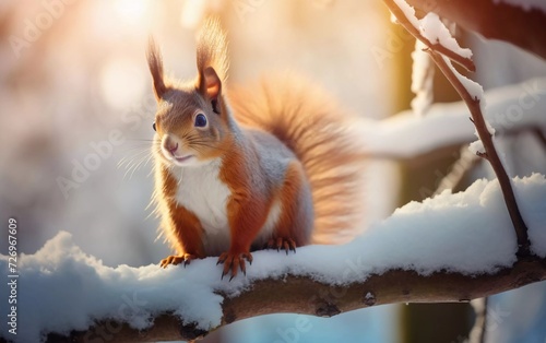 realistic photo of cute red squirrel with big fluffy tail sitting high on tree branch on sunny winter day. generative ai