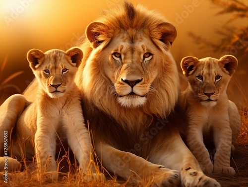 Lions family with cubs lying down in a grassy field in the jungle