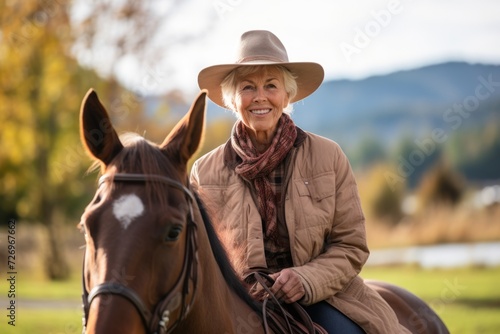 Portrait of a smiling senior woman riding a horse in the countryside